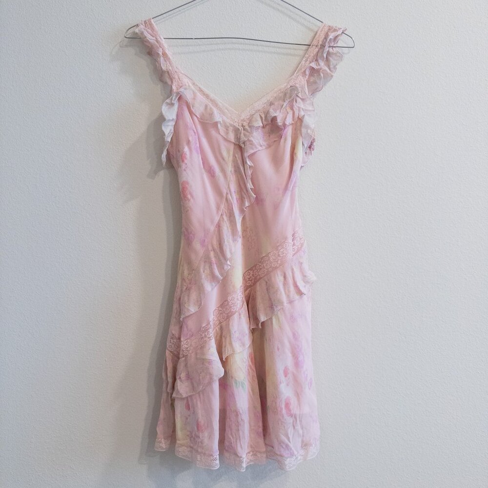 LoveShackFancy Serima Mini Dress Pink Combo Ruffled Lace Slip Dress, Size Small - Picture 2 of 8